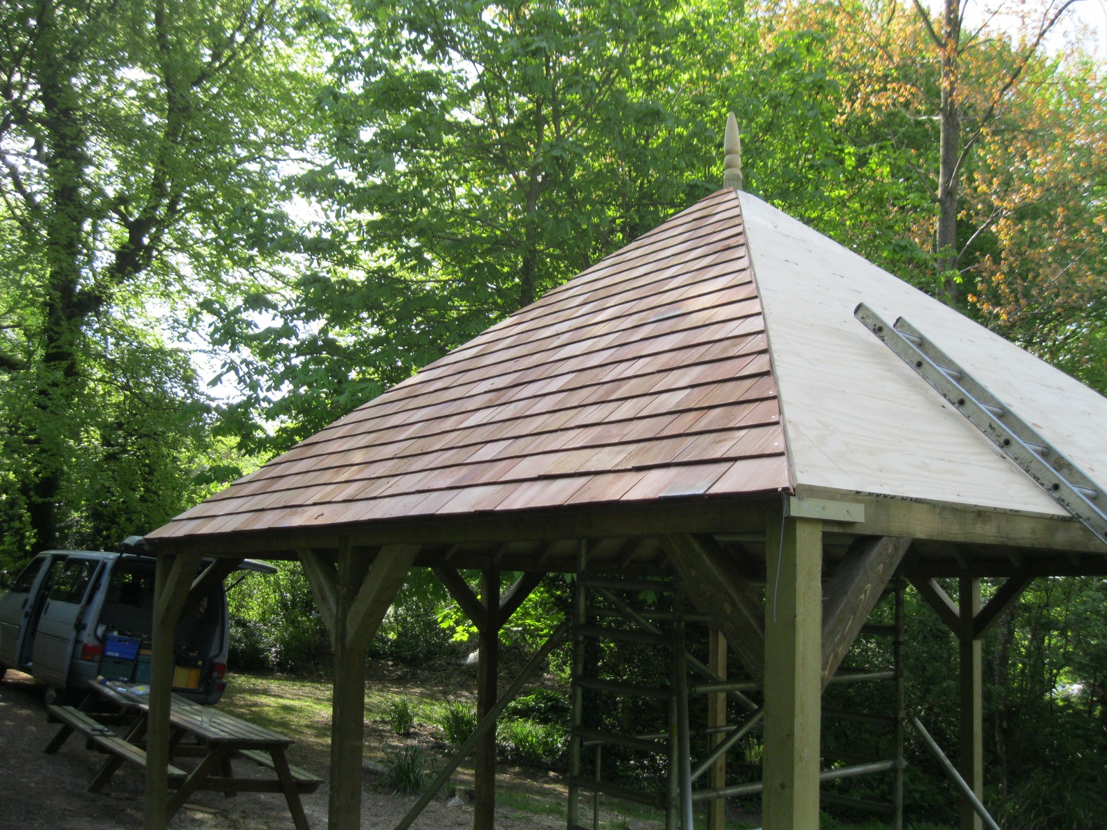 Timber gazebo with cedar shingle roof